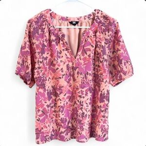 Frye Pink and Purple Floral Popover Split Neckline Blouse Size Medium